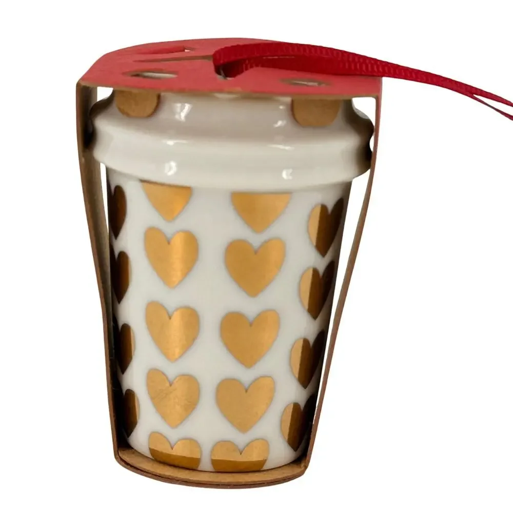 Starbucks 2015 White Gold Heart Cup Ornament Mini Tumbler Christmas
